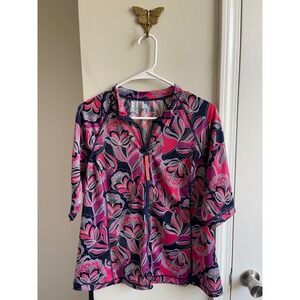 Lands End Womens Floral Quarter Zip Rash Guard Swim Shirt Pink Purple Navy L